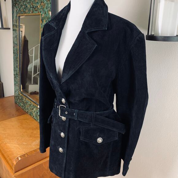 Vintage Jacquelyn Ferrar Size XL Black Suede Leather Belted Jacket Button Front - Picture 4 of 14